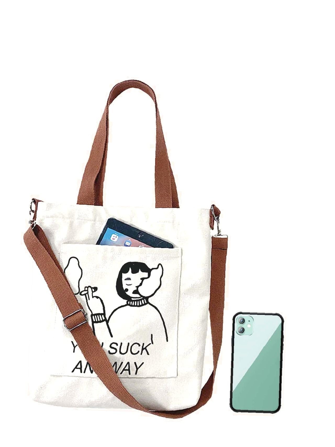 Aurbuy Cotton Tote Bags for Women, College Bag for girls With Inner & Outer Pockets, Utility Tote bags for Shopping, Travel & Daily use (Bag-Cream-Print-Girl-with-Cigar)
