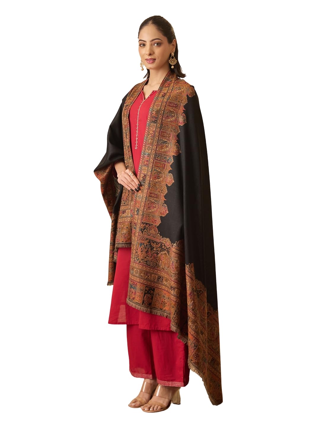 Pashmoda Women Arcadia Borders Kashmiri Jamawar Woven Design Shawl (Size: 40x80in, 101x203cm) SECS55