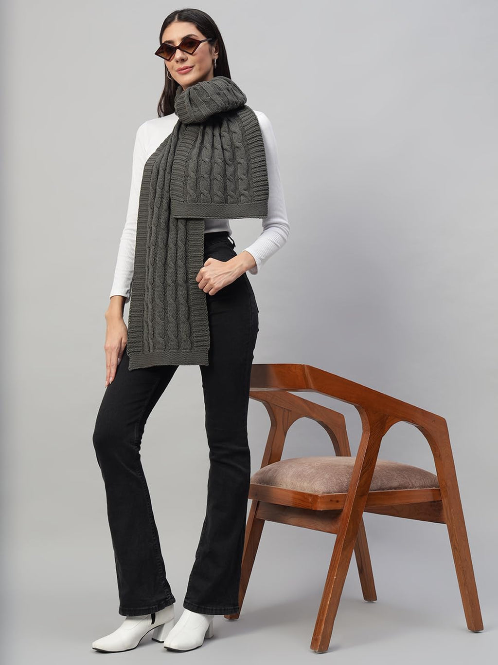 Ravaiyaa - Attitude is everything Reversible Wool Scarves Knitted Pattern Women Neck Wraps Muffler Winter Wool Scarf 65 x14 Inch (Grey)