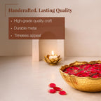 Kaari Tales Hammered Golden Lotus Urli Bowl with Royal Elephant Art | Decorative Metal Pooja Urli for Floating Flowers, Festive Décor & Centerpieces | Scalloped Edge Lotus Design