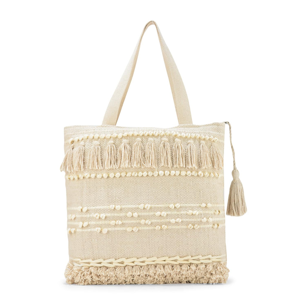 LoomEarth Handcrafted Boho Cotton Tote Bag with Tassels and Pom Poms, 38x38x25 cm, Cream White, Beach Shopping Shoulder Bag