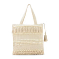 LoomEarth Handcrafted Boho Cotton Tote Bag with Tassels and Pom Poms, 38x38x25 cm, Cream White, Beach Shopping Shoulder Bag