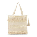 LoomEarth Handcrafted Boho Cotton Tote Bag with Tassels and Pom Poms, 38x38x25 cm, Cream White, Beach Shopping Shoulder Bag