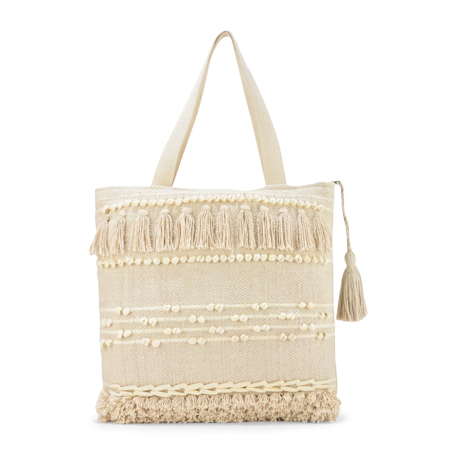 LoomEarth Handcrafted Boho Cotton Tote Bag with Tassels and Pom Poms, 38x38x25 cm, Cream White, Beach Shopping Shoulder Bag