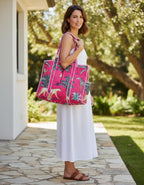 NIKAVIK Quilted Cotton Tote – Exotic Animal Print Foldable and Ideal for Travel Shopping Beach Trips or Daily Essentials (Pink)