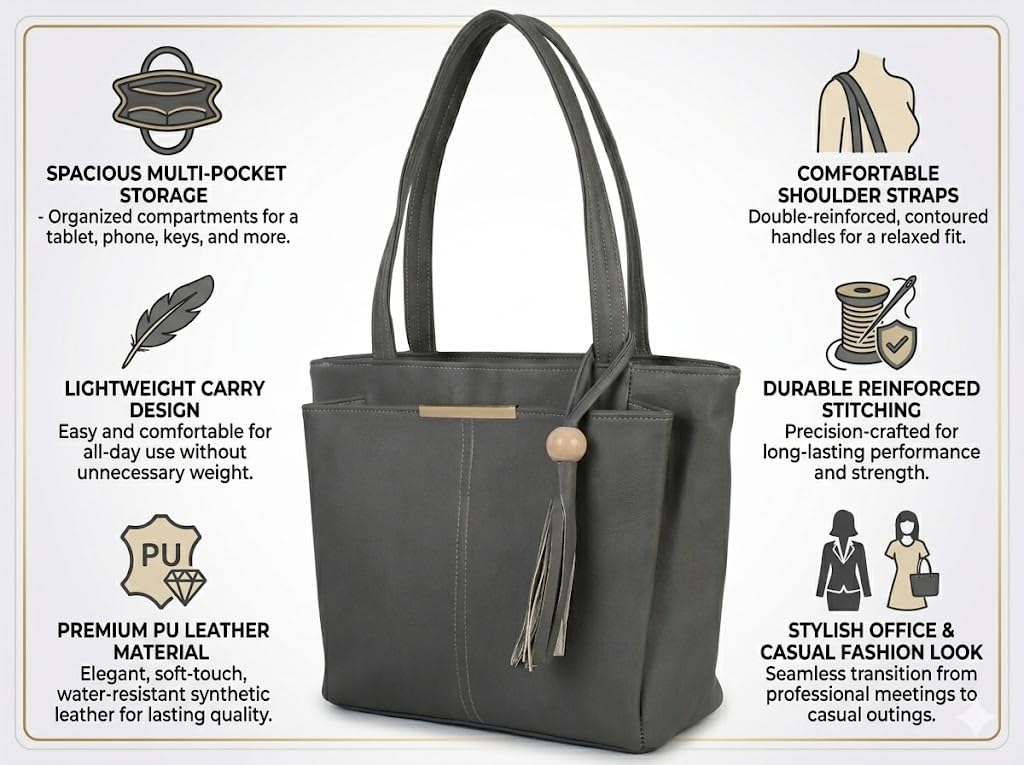 PAVILONN Women Tote Bag Ladies Handbag Shoulder Office Shopping Work Laptop PU Leather Brown Travel College Daily Use Designer Large Stylish Fashion Zipper Commuter Gift (GREY 2)
