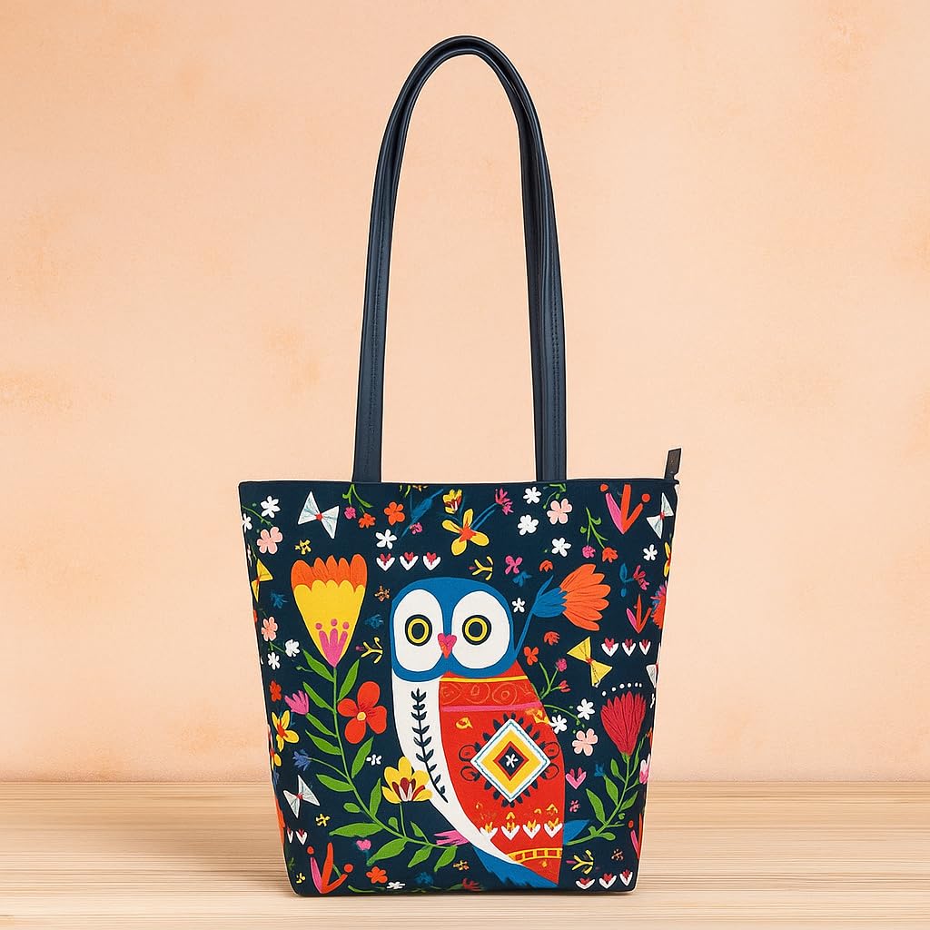 Chumbak Teal Killim Owl Tote Bag - Navy
