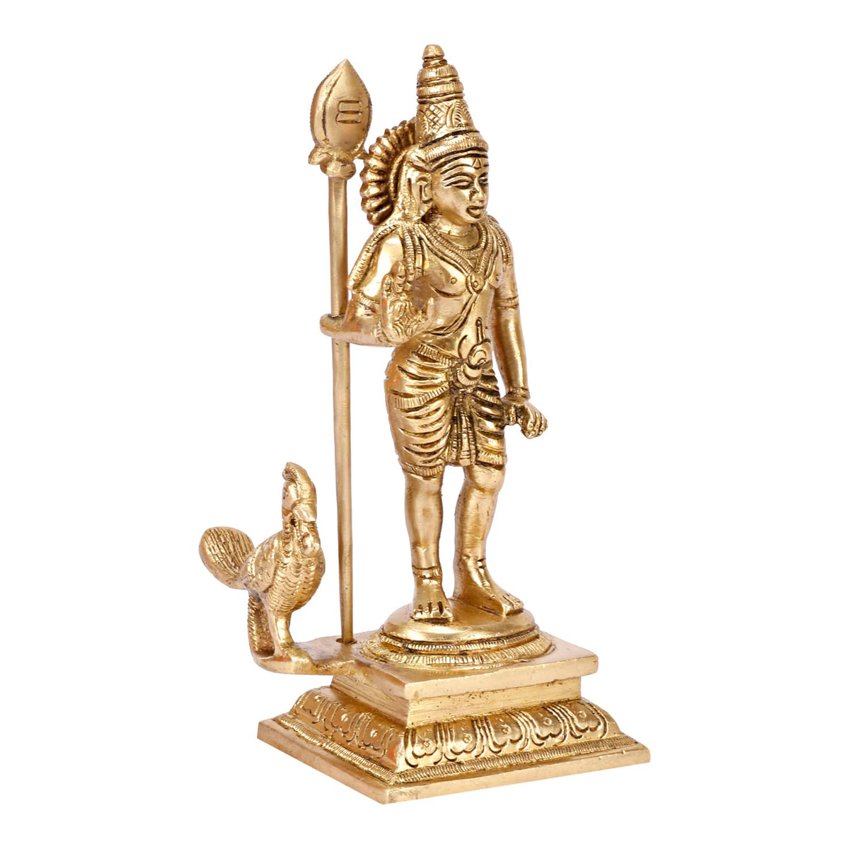 SVARUP Brass Lord Murugan Kartikeya Kumaraswamy Karthikeya with Peacock Idol Swaminatha Murti 7 Inch