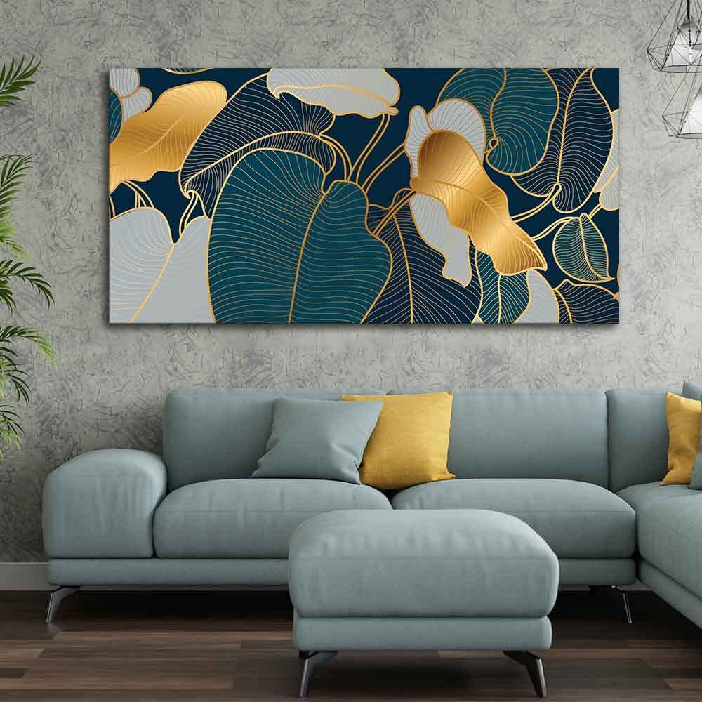 VIBECRAFTS Canvas Paintings for Living Room Drawing Room Luxury Golden Art Monstera Leaves Canvas Wall Painting Fitted With Wooden Frame For Home | Office | Living Room | Gifts (PTVCH_2508NV)