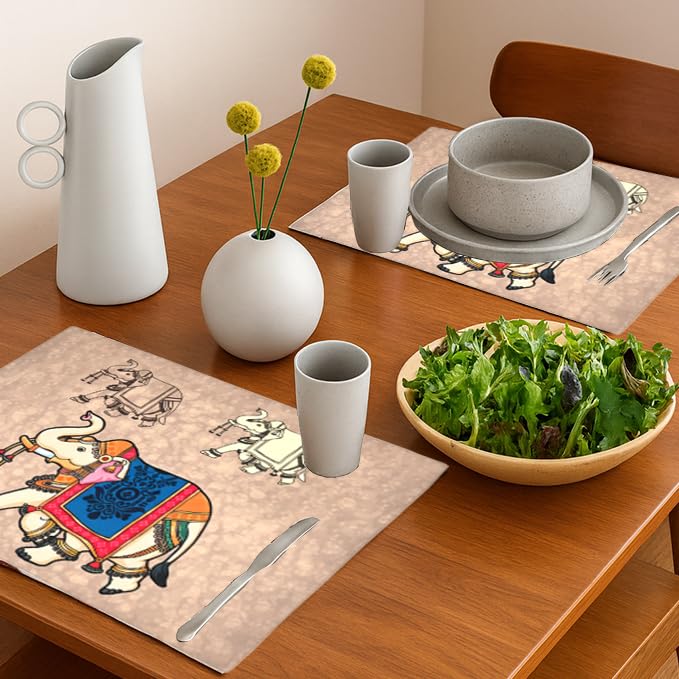 PRAKARTIK BY INDUARTS Dining Table Mats Set of 2 - Elephant Ethnic Theme,Digital Print, Washable, Indoor/Outdoor, Heat-Proof, Water Resistant, Wipe & Clean (47X33 cm) Cream Kafalo