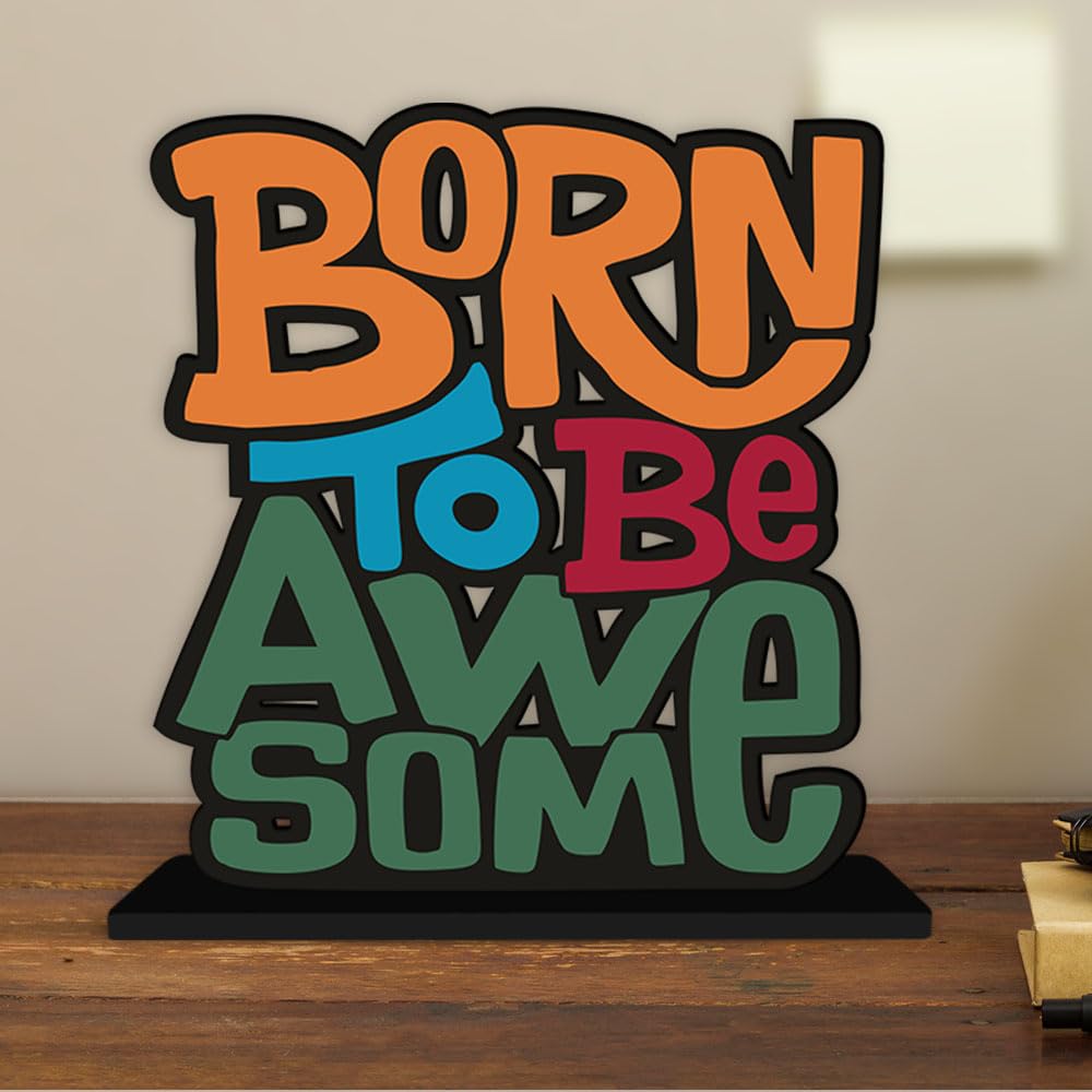 Artvibes Wooden Idols and Figurine Born to Be Awesome Quotes Table Decoration for Office Desk | Home Decor | Living Room | Modern Art Wood Alphabet Showpiece Gift Item (Sp_1124N)