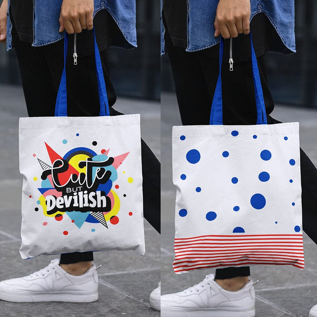 DOODLE Canvas Tote Bag for Women & Girls | 100% Cotton Eco-Friendly Shoulder Bags for Shopping & Travelling I Washable and Reusable - (Devil Drama)