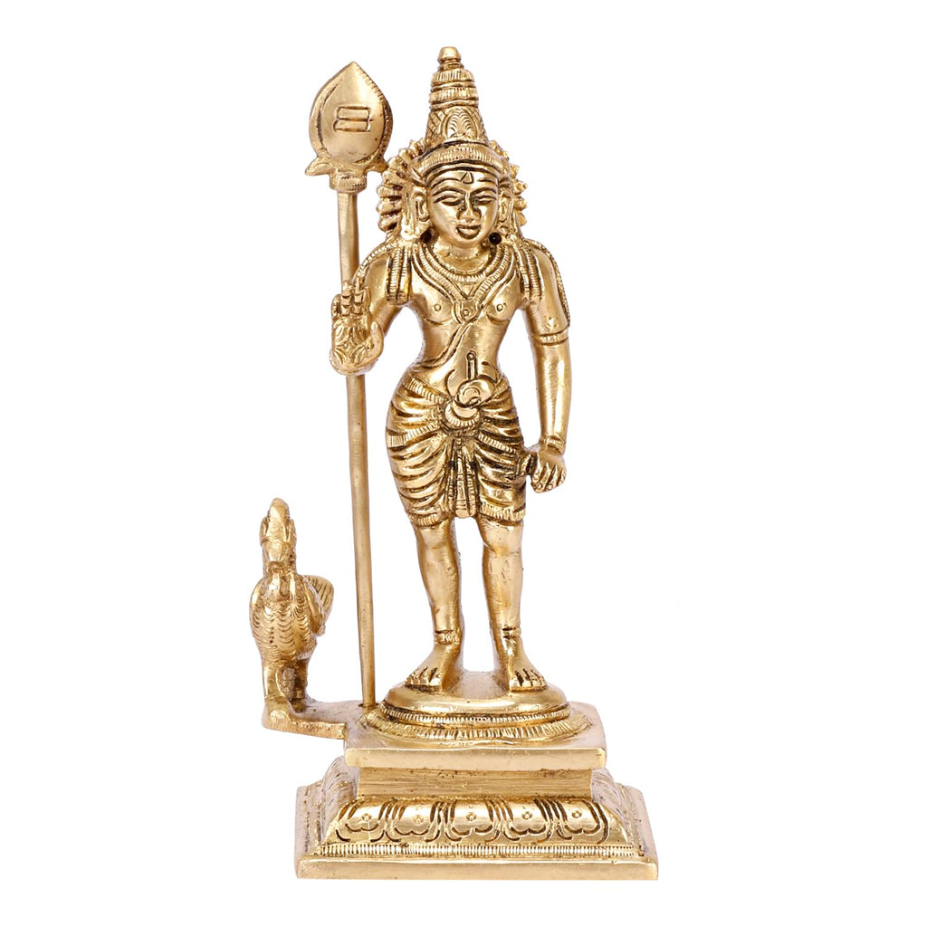 SVARUP Brass Lord Murugan Kartikeya Kumaraswamy Karthikeya with Peacock Idol Swaminatha Murti 7 Inch