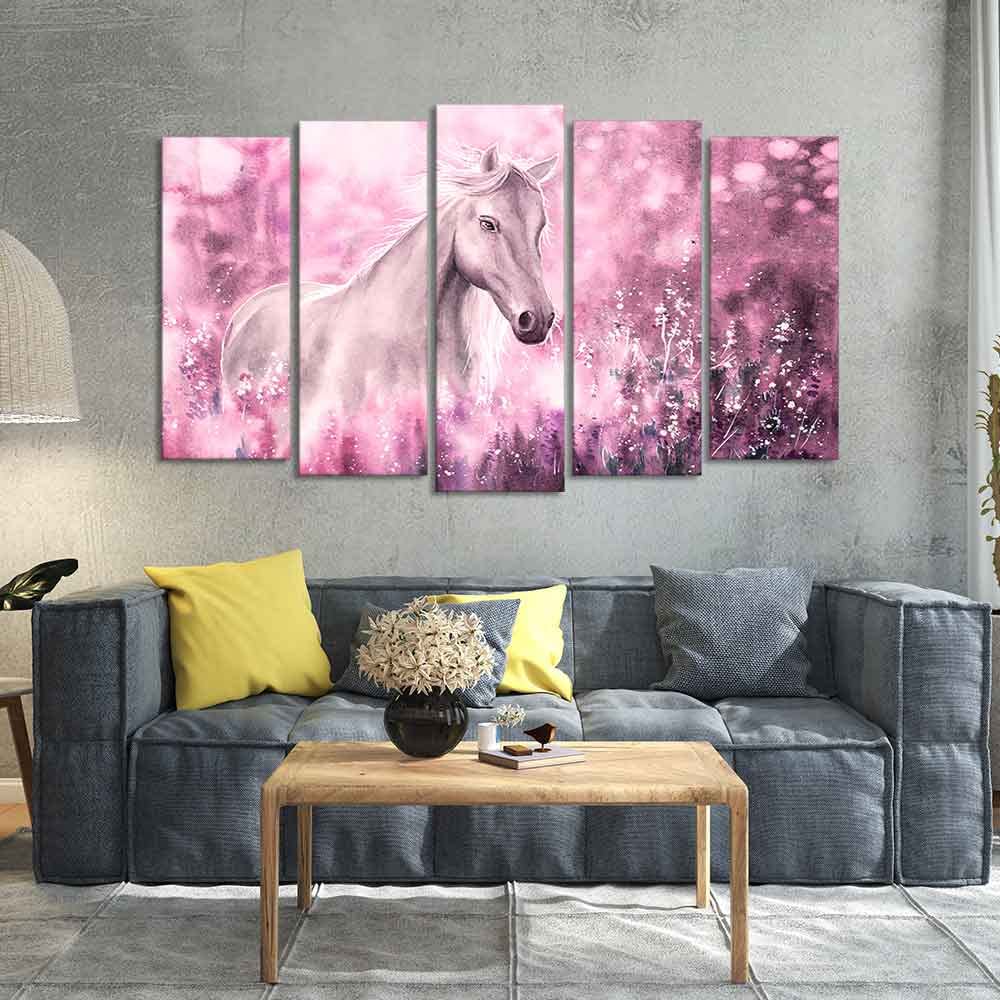 VIBECRAFTS Beautiful White Horse Premium Wall Painting of Five Pieces For Home|Office|Living Room|Gift (PTVC5Pcs2_6557)