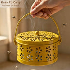 DSH Metal Mosquito Coil Holder with Lid & Handle Ash Catcher Stand for Mosquito Coil Indoor Outdoor Safe Use (Yellow)