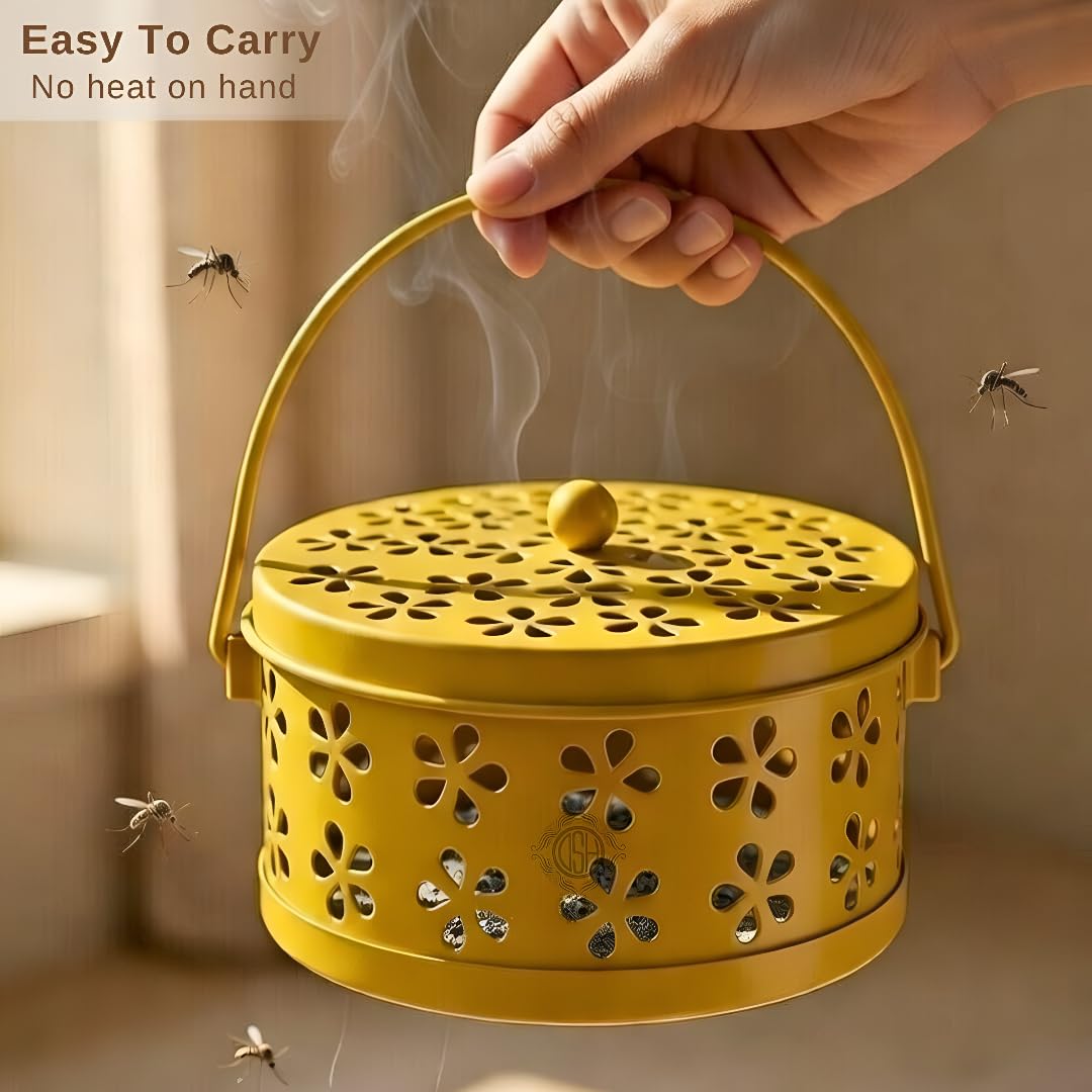 DSH Metal Mosquito Coil Holder with Lid & Handle Ash Catcher Stand for Mosquito Coil Indoor Outdoor Safe Use (Yellow)