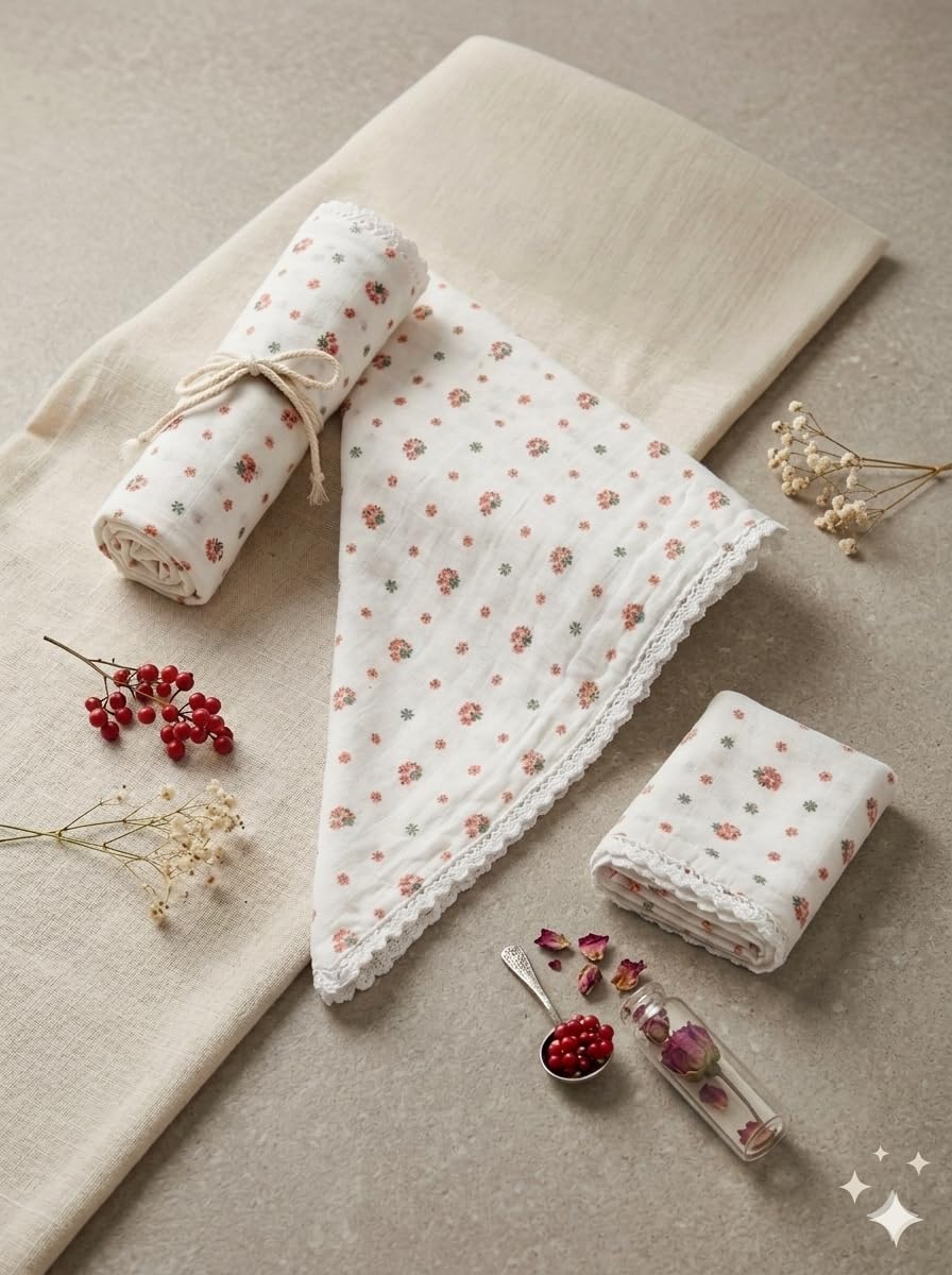 Floral Print Cotton Muslin Head Scarf with Lace Trim, White