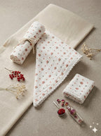 Floral Print Cotton Muslin Head Scarf with Lace Trim, White