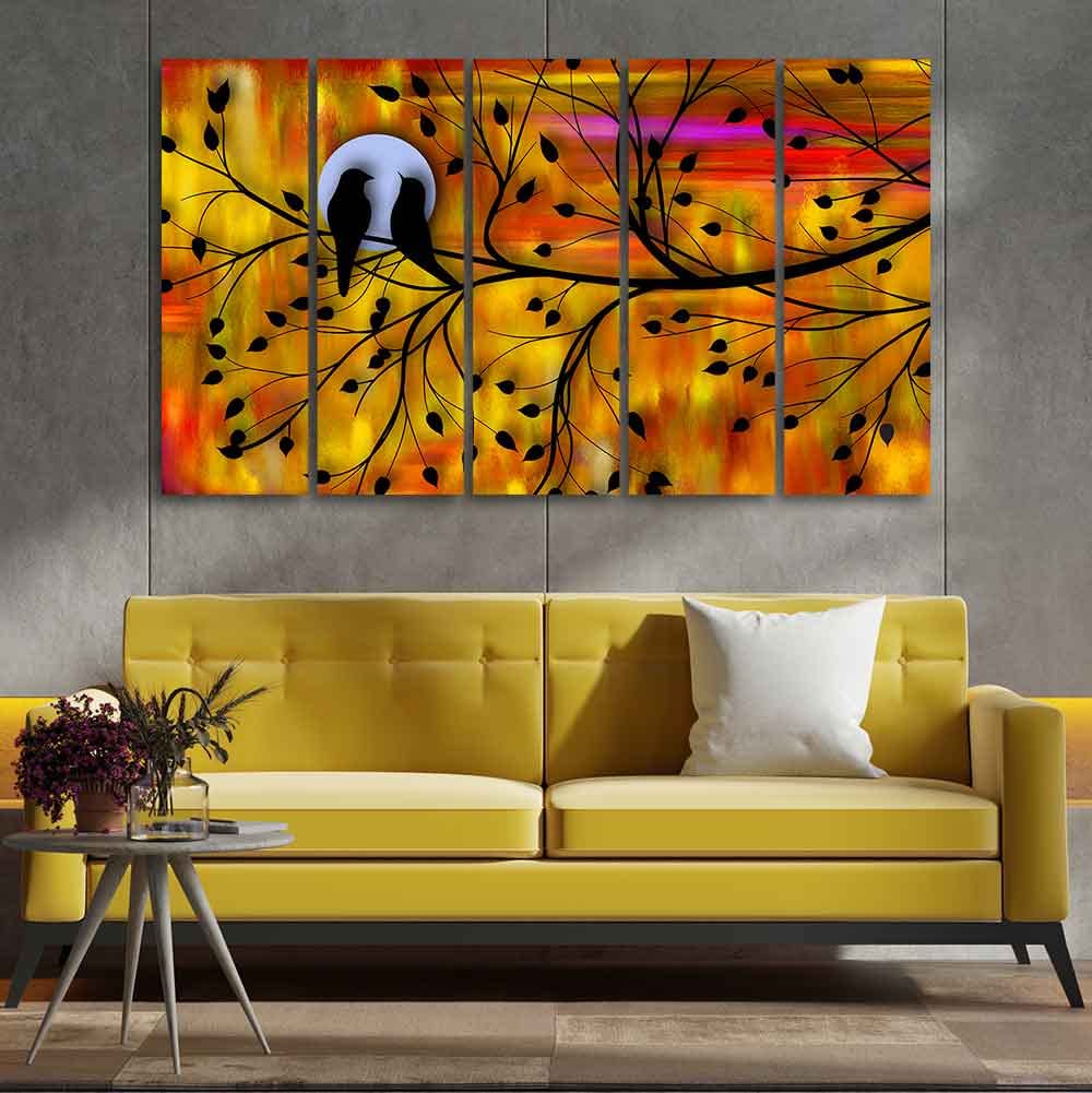 VIBECRAFTS Beautiful Bird Couple on Tree Wall Painting of Five Pieces For Home|Office|Living Room|Gift (PTVC5Pcs4_8713)