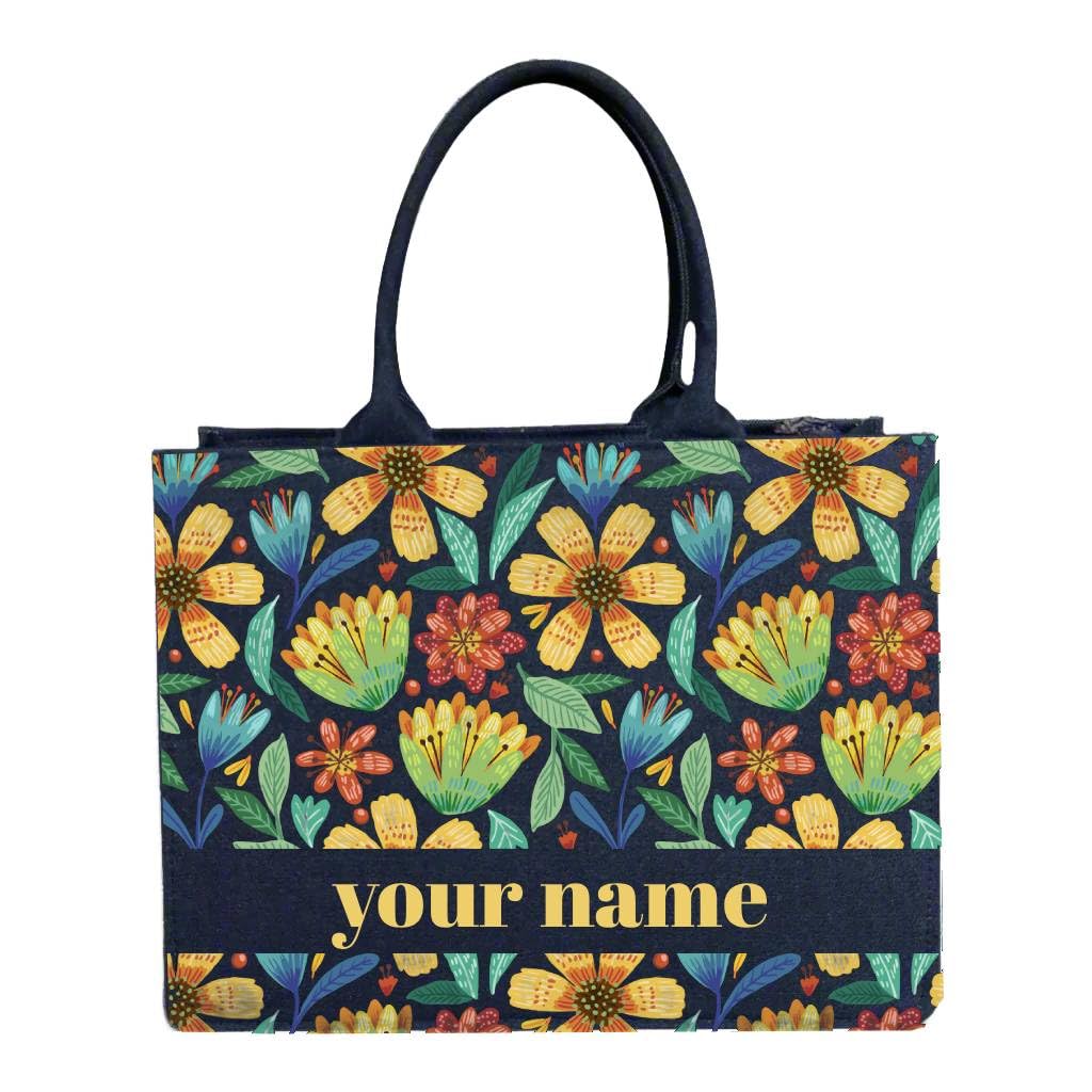 Customised & Personalised Denim Tote Bag for Women | Floral Print Handbag with Your Name | Stylish Daily Carry Bag for Work, College, Travel & Gifting