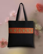 Black Cotton Tote Bag with Decorative Red and Gold Trim, Traditional Design (S)