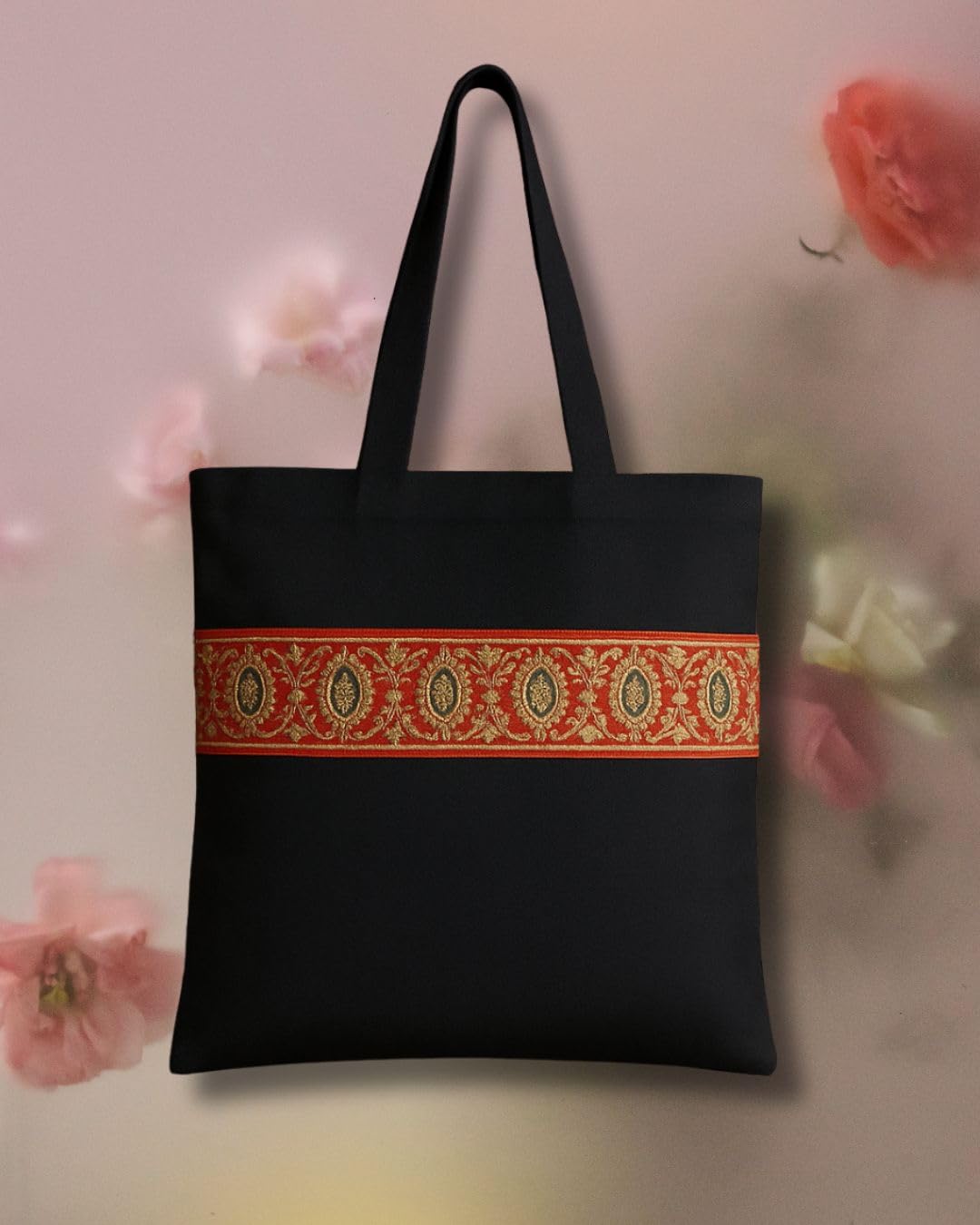 Black Cotton Tote Bag with Decorative Red and Gold Trim, Traditional Design (S)