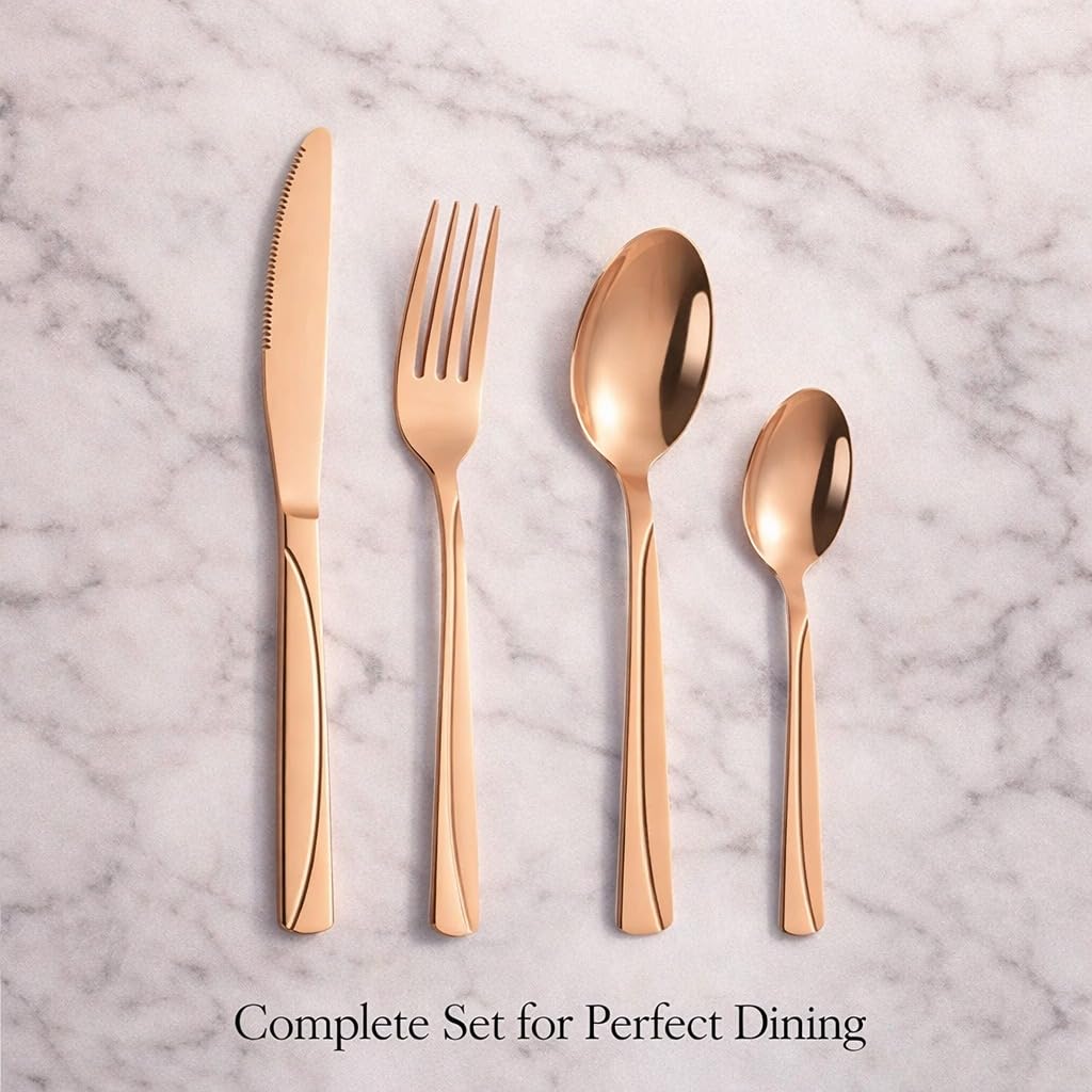 ANH MART Mirror Finish Rose Gold Plated Stainless Steel Flatware Set Copper Silverware Set Spoon Color Cutlery Set [Dinner Fork-Tea Spoon-Salad Spoon-Knife] Set of (Rose Gold LINEING, 8)