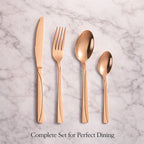 ANH MART Mirror Finish Plated Stainless Steel Flatware Set Copper Silverware Set Spoon Color Cutlery Set [Dinner Fork-Tea Spoon-Salad Spoon-Knife] Set of (Rose Gold LINEING, 24)