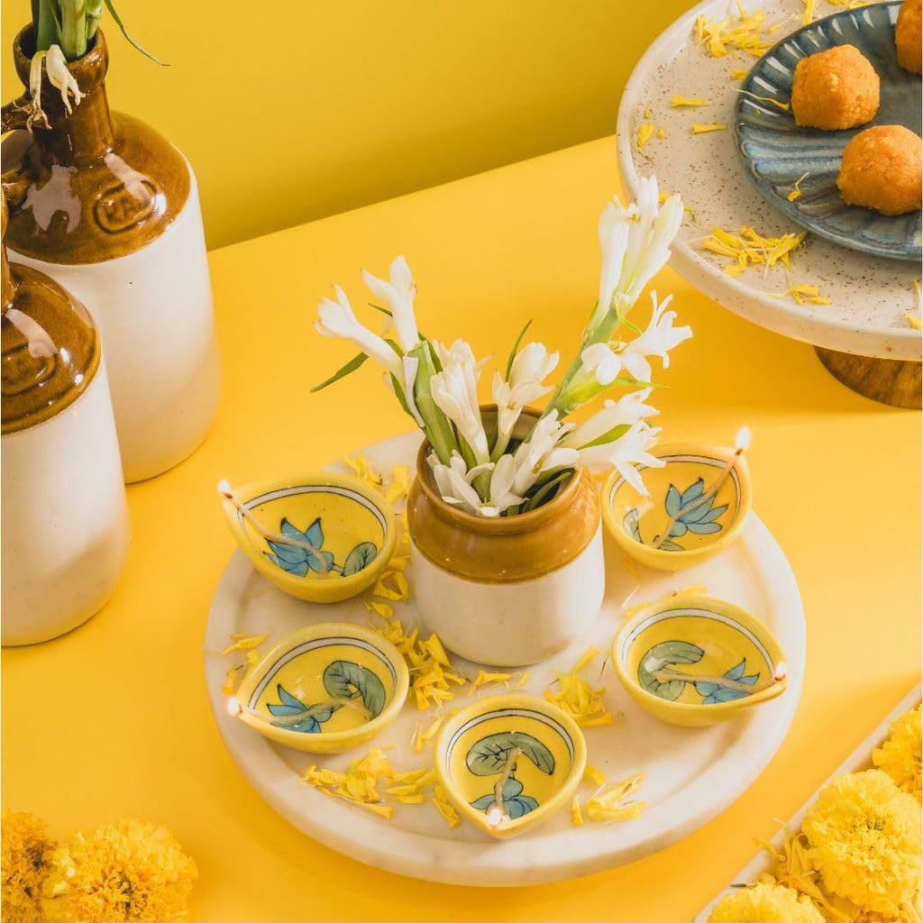 ATRANGI STUDIO Lotus Blue Pottery Diya - Set of 10 | Handcrafted Decorative Oil Lamps | Colourful diyas for Puja Rituals, Festive Decoration | Perfect for Rangoli, Traditional Lighting (Yellow)
