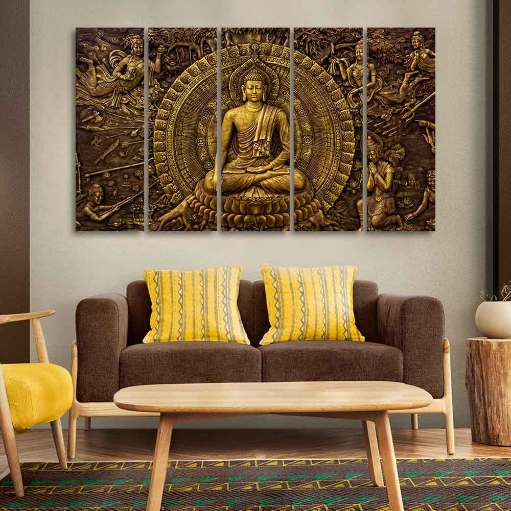 VIBECRAFTS Premium Canvas Wall Painting of Gautam Buddha of Five Pieces For Home|Office|Living Room|Gift (PTVC5Pcs4_8711)