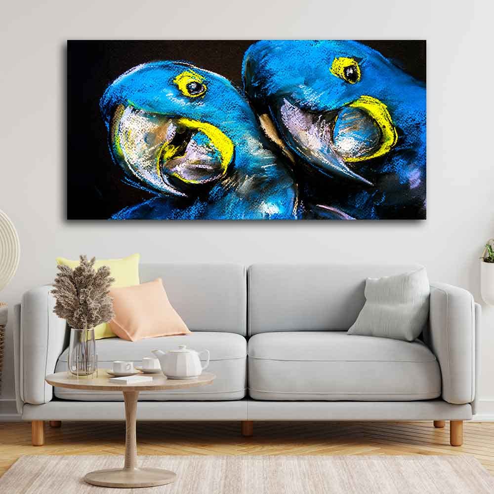 VIBECRAFTS Canvas Paintings for Living Room Drawing Room Blue Parrots Pastel Art Canvas Wall Painting Fitted With Wooden Frame for Home | Office | Gift (PTVCH_2436)