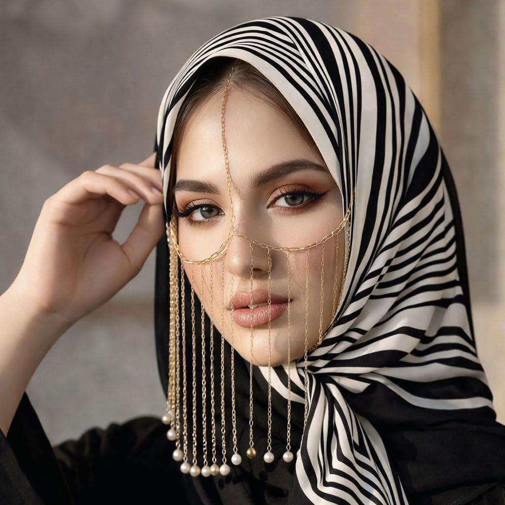 ULOS Women’s Geometric Print Light Weight Black & White Colored Satin Head Scarf - Neck Scarf - Neck Wrap (Square) (44x44)