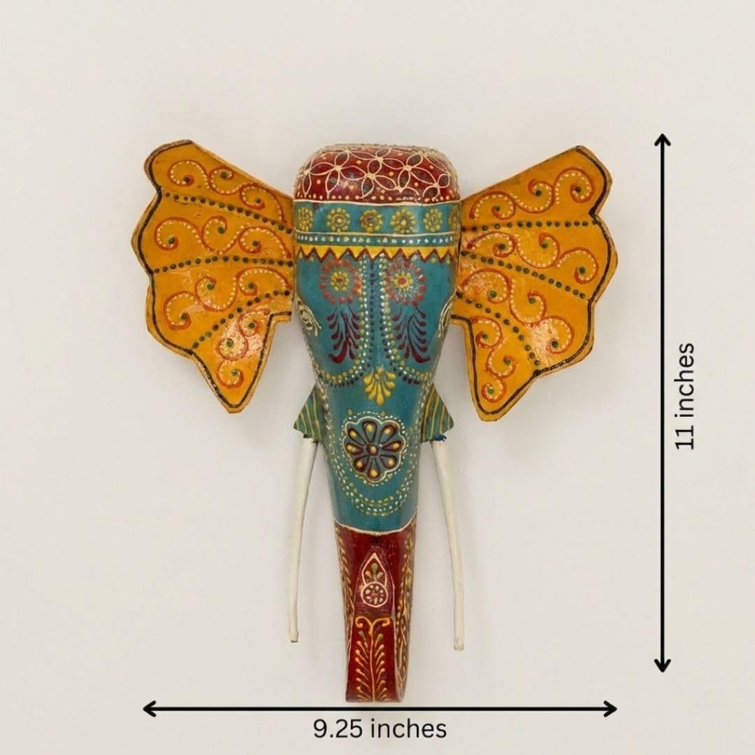ATRANGI STUDIO Handpainted Wooden Elephant Wall Decor | Ethnic Wooden Wall Art | Symbol of Strength & Wisdom | Wall Hanging for Home, Corridor & Balcony | Ready to Hang | 11 Inch, Turquoise