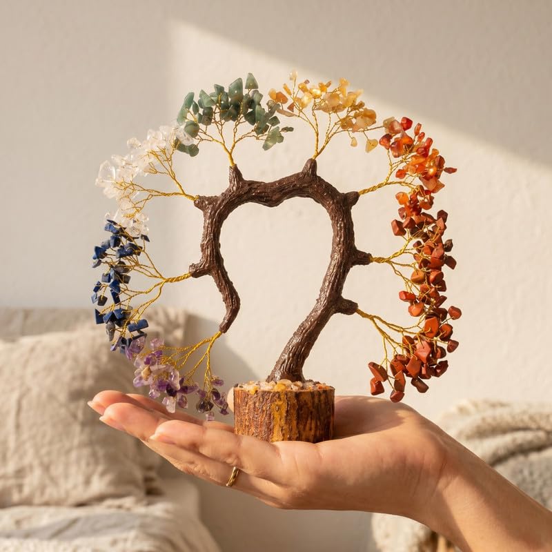 Fourteen Crystals 7 Chakra Heart Shaped Crystal Tree for Home Decor - 300 Natural Healing Stone - Feng Shui Tree of Life for Vastu, Wealth, Prosperity & Positive Energy (Multi-Color)