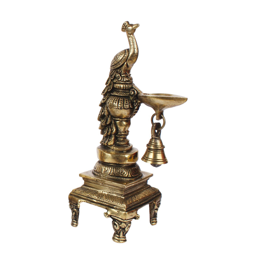 Artvarko Brass Peacock Bird Hanging Diya Oil Lamp Stand with Bell Home and Office Decoration Diwali Decoration Gift Items 10 Inches