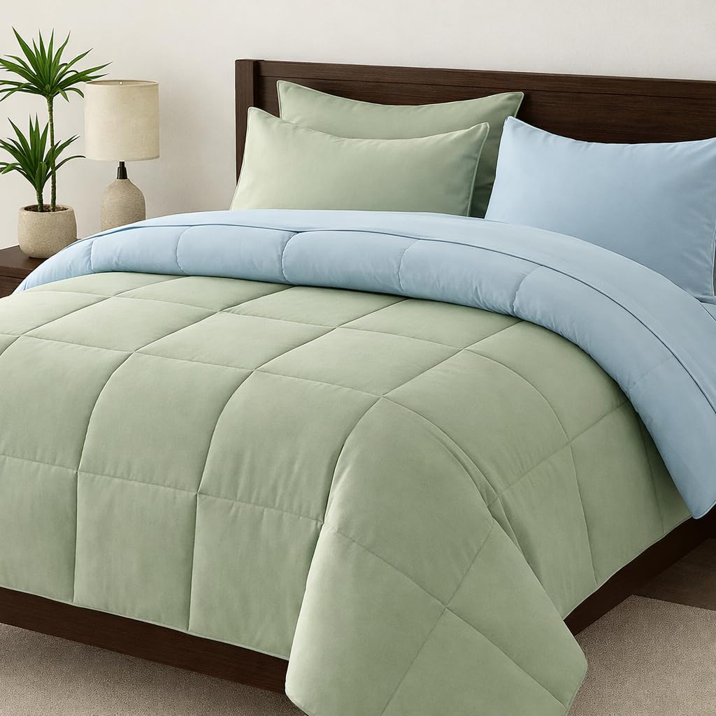Heavy Winter Bed Comforter for Double Bed - 500 GSM Ultra Warm Quilt Blanket/Rajai - Light Blue and Sage - Down Alternative Microfiber Duvet Insert with Corner Ties - Winter Season Premium Kafalo