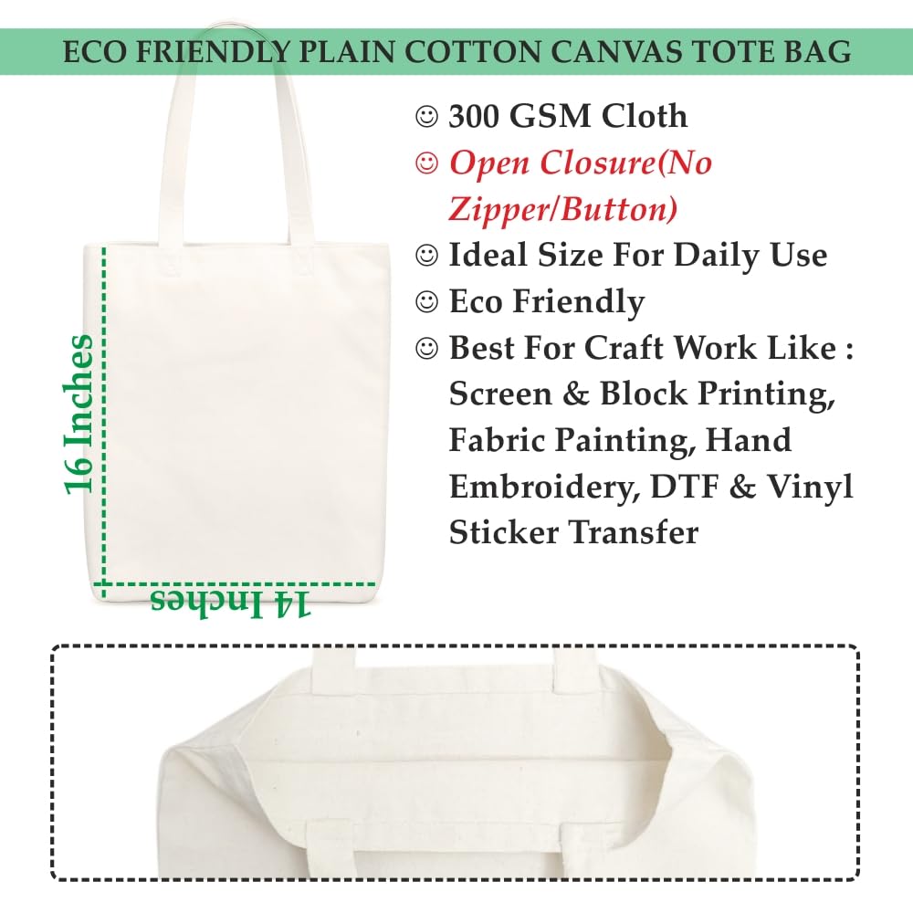 Roundsun Eco Friendly Reusable Plain Canvas Tote Bags 300 GSM Cloth Ideal For Craft Work Painting Embroidery Block/Screen Printing & DTF Sticker 16 Height 14 Width(Plain Bag Open Closure)