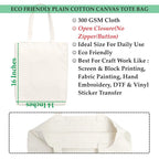 Roundsun Eco Friendly Reusable Plain Canvas Tote Bags 300 GSM Cloth Ideal For Craft Work Painting Embroidery Block/Screen Printing & DTF Sticker 16 Height 14 Width(Plain Bag Open Closure)
