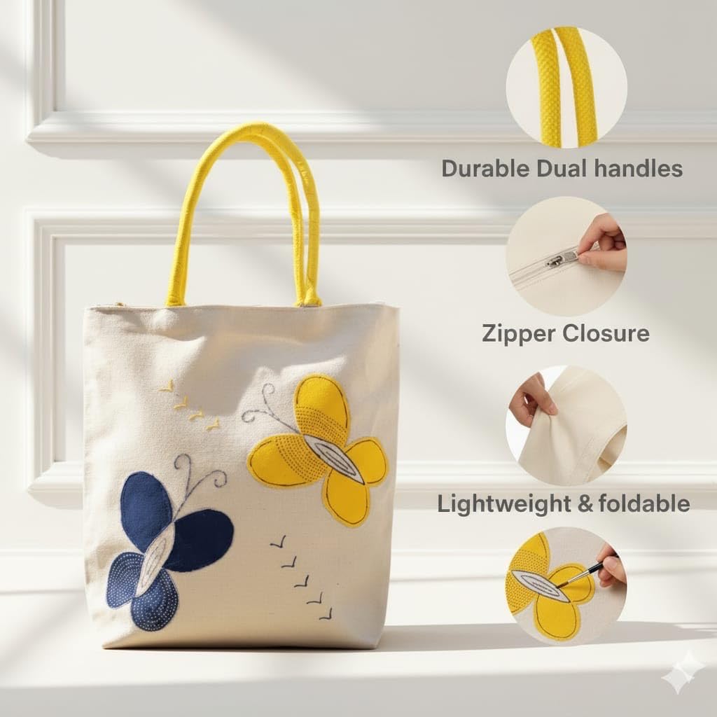 ZIG ZAG BAGS Canvas Tote Bag with Zipper | Butterfly Design | Hand-Painted Cotton Tote for Girls, Office & Shopping | Eco-Friendly Cloth Handbag | Stylish Shoulder Shopping Bag for Women (Butterfly)