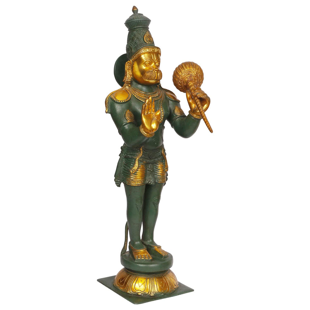 ARTVARKO Brass Lord Bhagwan Hanuman Murti for Home Puja Idol Bajrangbali with Gada on Shoulder Height 21 Inches