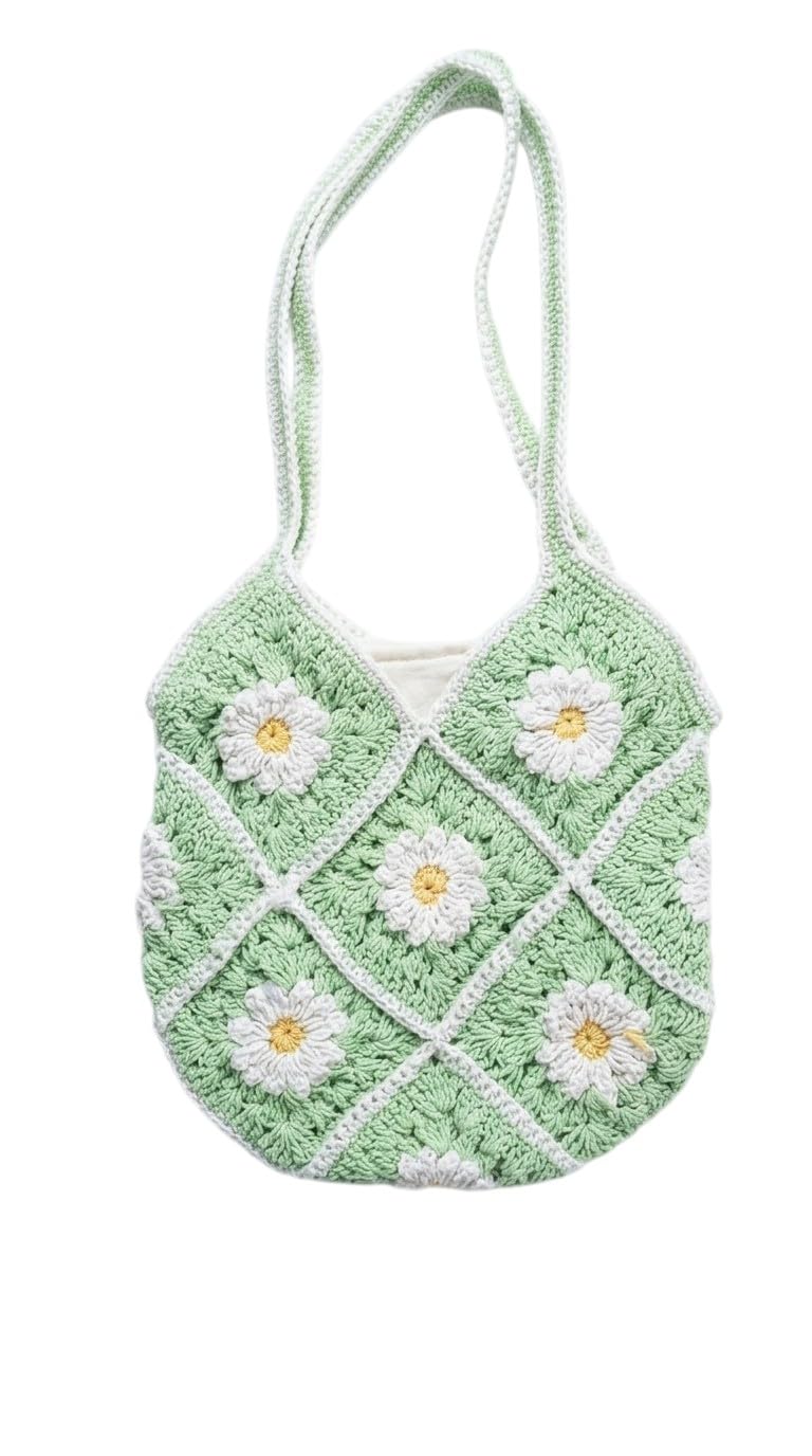 ATICUE Handcrafted Stylish Cotton Yarn Handknitted Crochet Bag with with Lining and Zipper Closure for Women (9x10 Inch) (Green)
