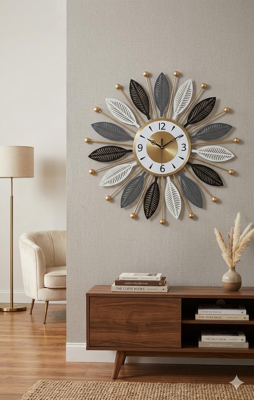 Mahira Artefacts Premium 3D Metal Leaf Art Wall Clock - Elegant Silent Non-Ticking Decorative Clock for Home & Gift
