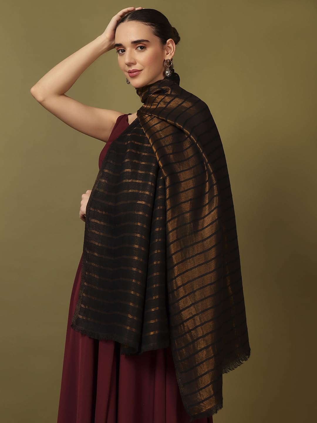 Pashmoda Women Golden Mirage Reversible Zari Moonlight Fine Wool Stole (Size : 28x80in, 71X203cm) ZSST05