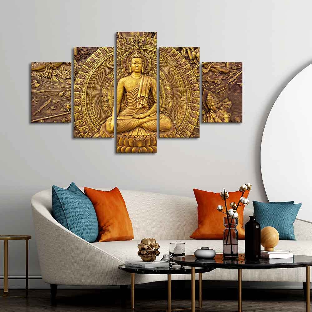 VIBECRAFTS Spiritual Buddha Wall Painting Five Pieces For Home|Office|Living Room|Gift (PTVC5Pcs1_5550)