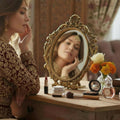 KridayKraft Table Mirror Gold Plated for Gift Love one Festival Gift Perfect for Birthday, Anniversary Wedding (Floor Mount, Oval, Framed)