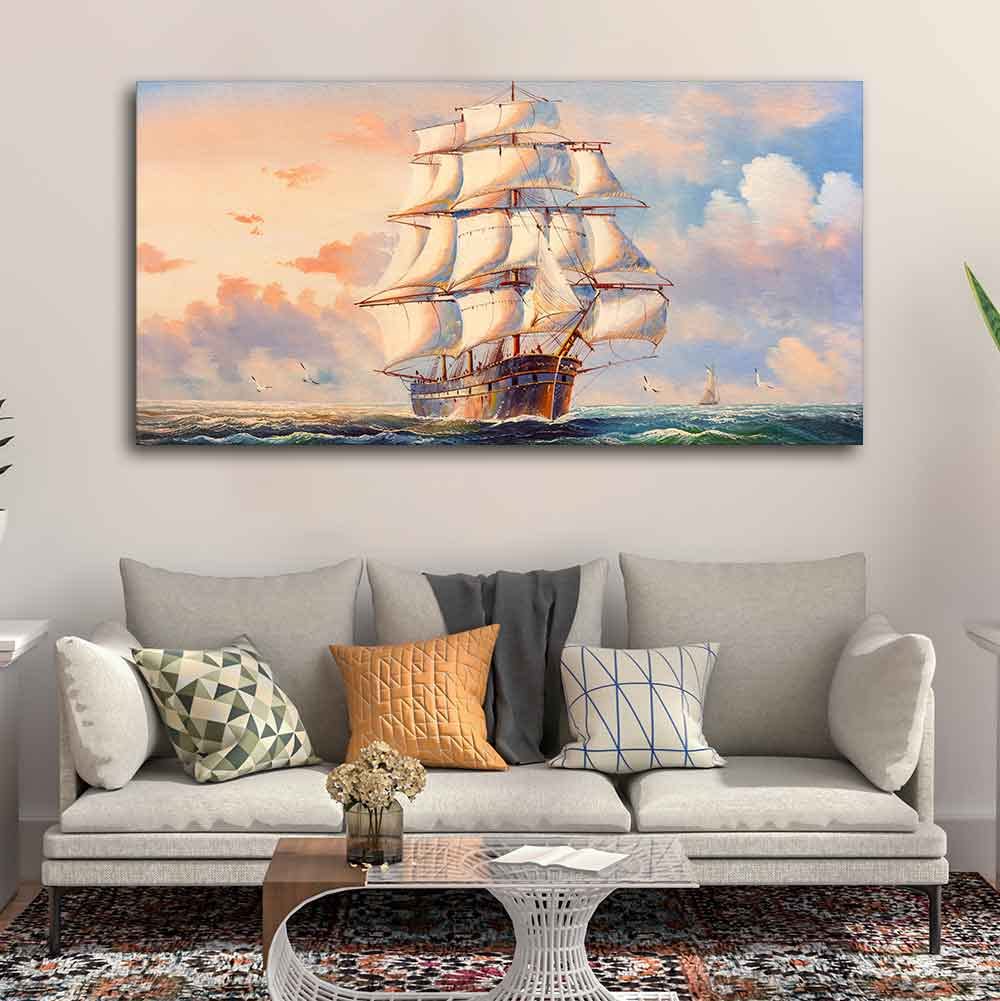 VIBECRAFTS Homcraft Canvas Paintings for Living Room Drawing Room Amazing Sailing Ship Wall Painting Fitted with Wooden Frame for Home|Office|Gift(PTVCH_2265)(48 x 24 Inches)