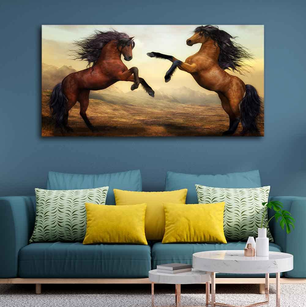 VIBECRAFTS Canvas Paintings for Living Room Drawing Room Two Brown Horses Canvas Wall Painting Fitted With Wooden Frame for Home | Office | Gift (PTVCH_2421)