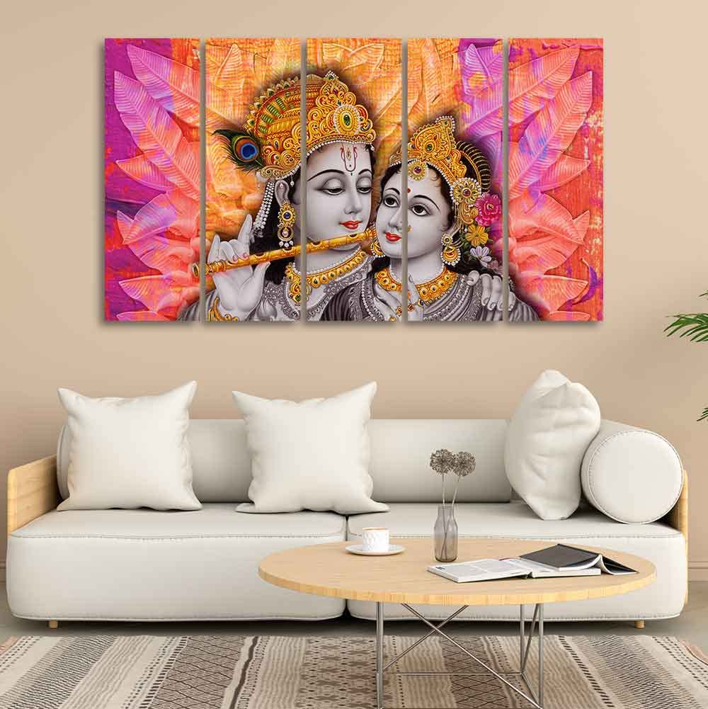 VIBECRAFTS Colorful Wall Painting of Radha Krishna Set of Five Pieces For Home|Office|Living Room|Gift (PTVC5Pcs4_8676)