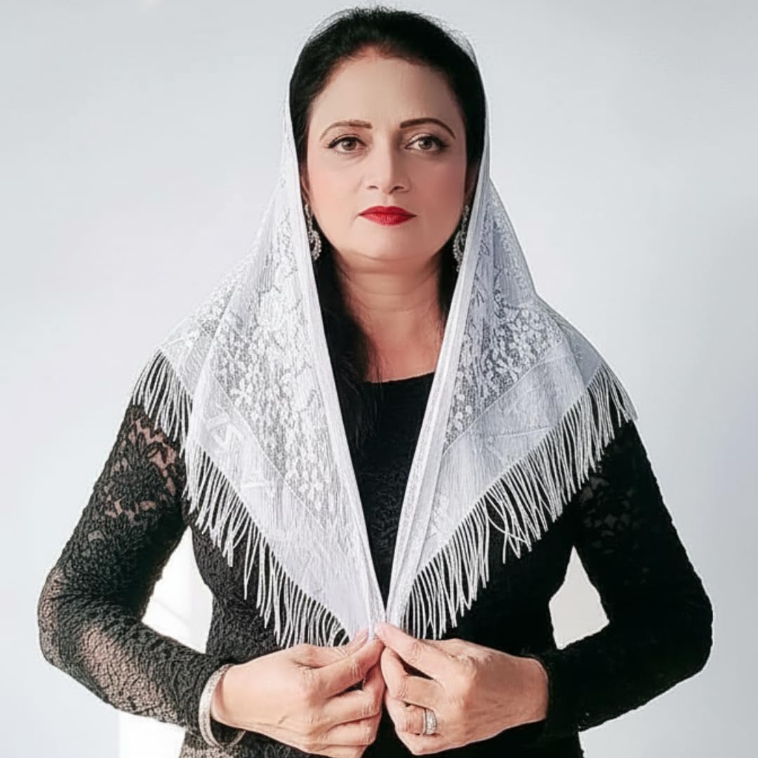 Devino Ora White Lace Triangle Church Scarf/Shawl/Veil (White Jesus) -1