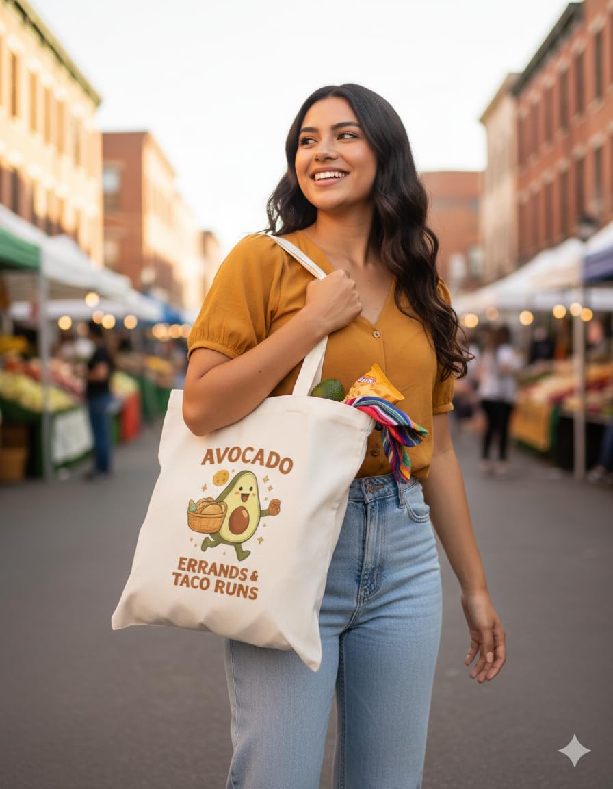 Studio JoySprout Avocado Canvas Tote Bag | Cute Cotton Reusable Shopping Bag | Open Top Non Zipper | White | Unisex